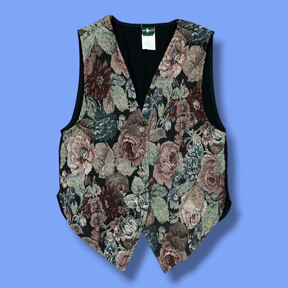 Vintage Tapestry Vest Floral Button Front Waistcoat Womens Medium 80s 90s Boho